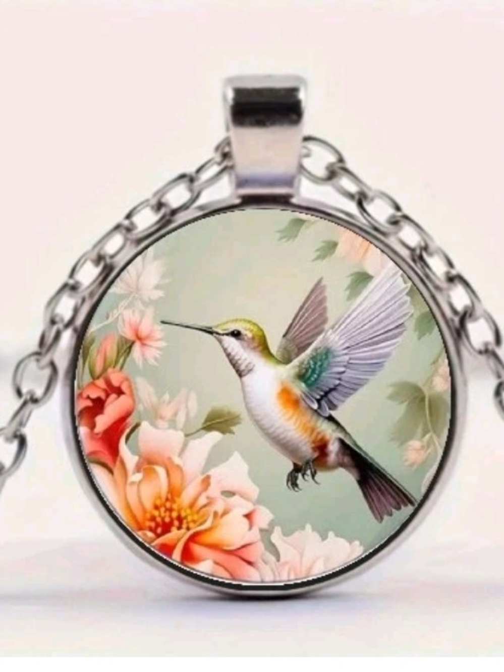 Silver Hummingbird Pendant Necklace - Multicolor Floral Bird Artwork